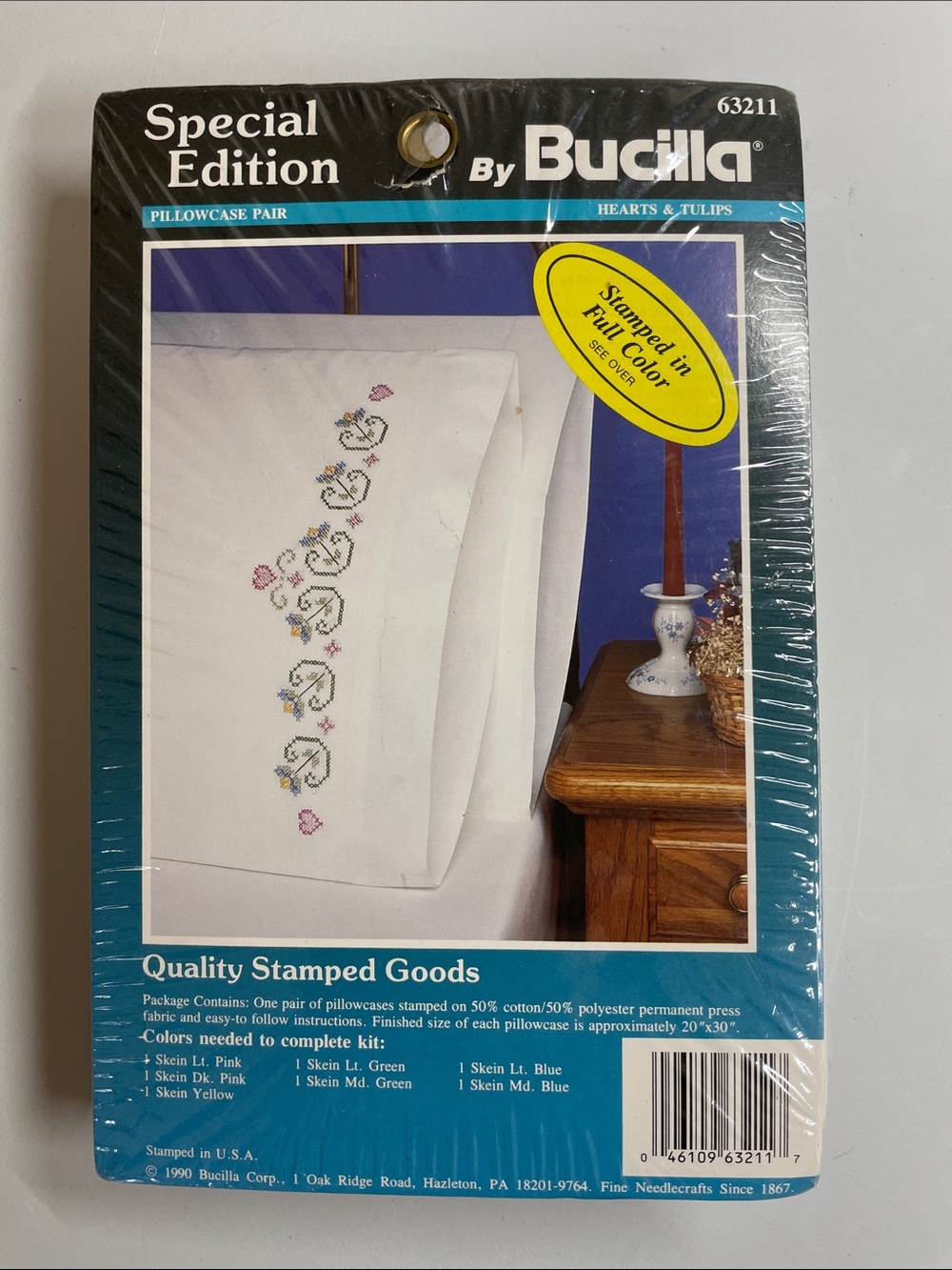 Vintage 1990 Bucilla Hearts & Tulips Stamped Pillowcase Pair Cross Stitch Kit